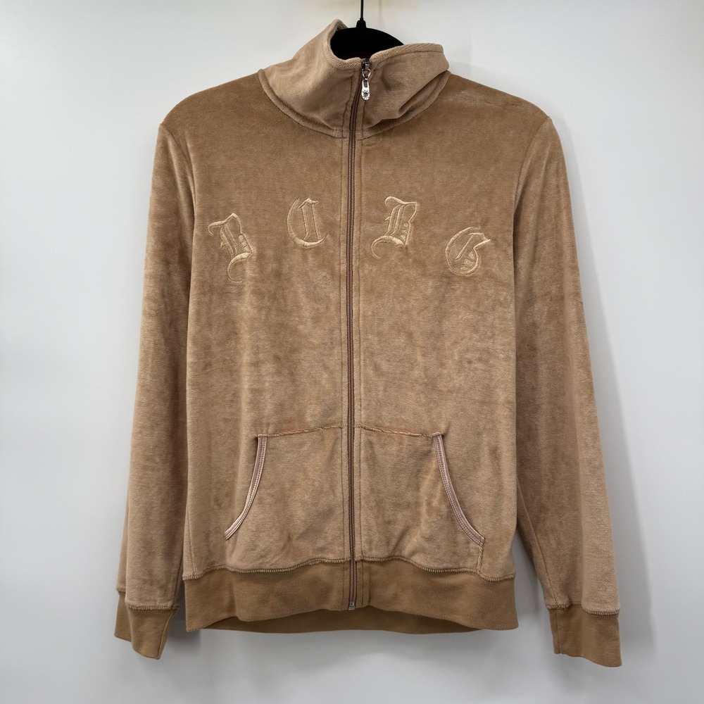 BCBG Womens Medium Track Jacket Tan Velour Embroidered Logo Zip Up Y2K